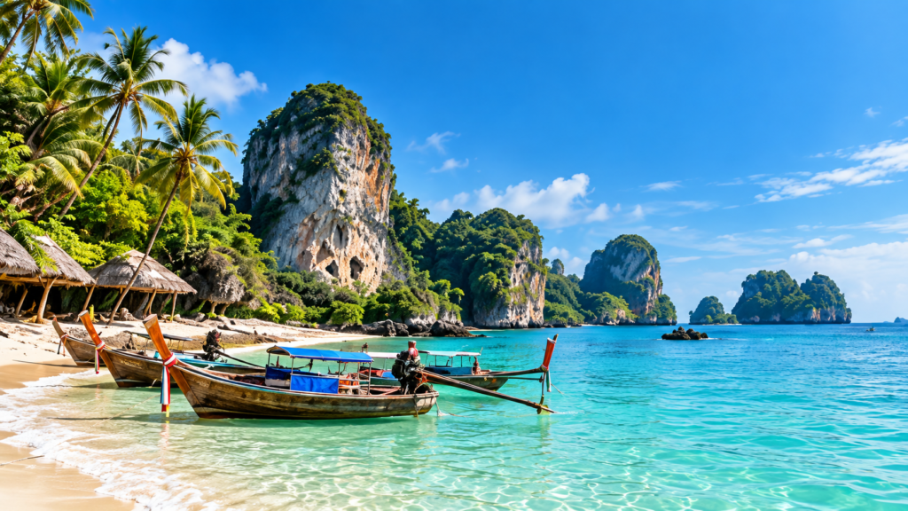 krabi beach and long tail boats